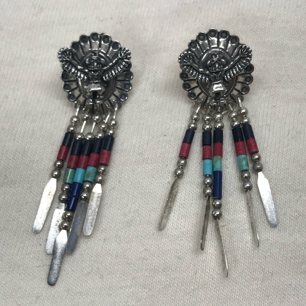 Vintage Rare Sterling Bird Man Conch Native American Navajo Dangle Earrings